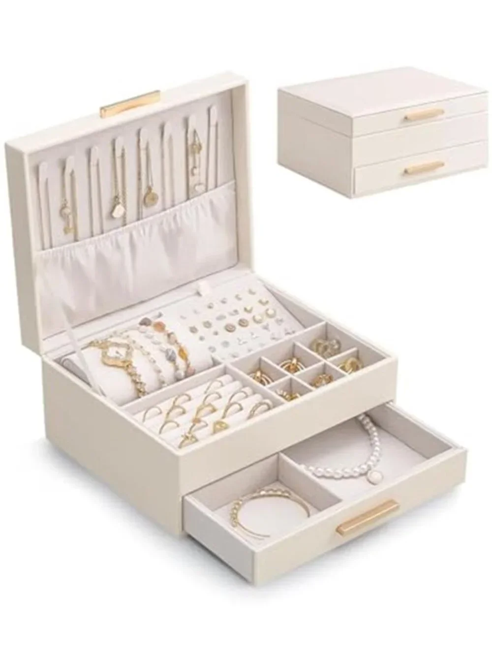 2-Layer Jewelry Box Organizer Holder for Women -Beige